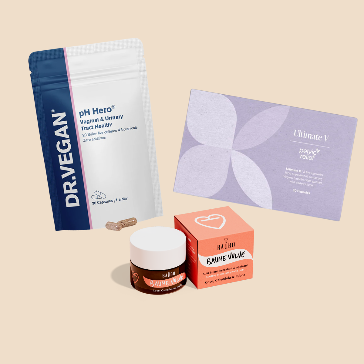 Vaginal Balance Kit by Banat Nareng: Baûbo Soothing Vulva Balm, Pelvic Relief Ultimate V and Dr. Vegan pH Hero