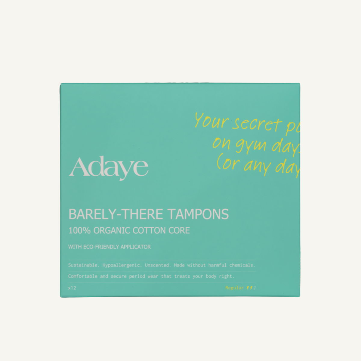 Adaye Barely-There Tampons box, 100% organic cotton core with eco-friendly applicator, on an off-white background
