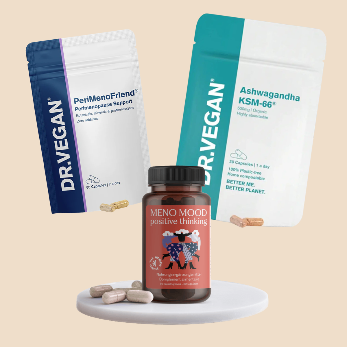 Perimenopause Kit by Banat Nareng: Dr. Vegan PeriMenoFriend, Dr. Vegan Ashwagandha KSM-66 and The Women Circle Meno Mood