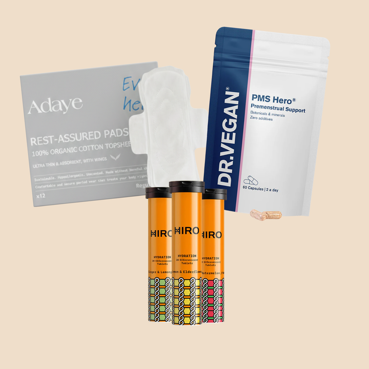 Period Essentials Kit: Adaye Rest-Assured Pads, Dr. Vegan PMS Hero and HIRO Hydration Triple Pack