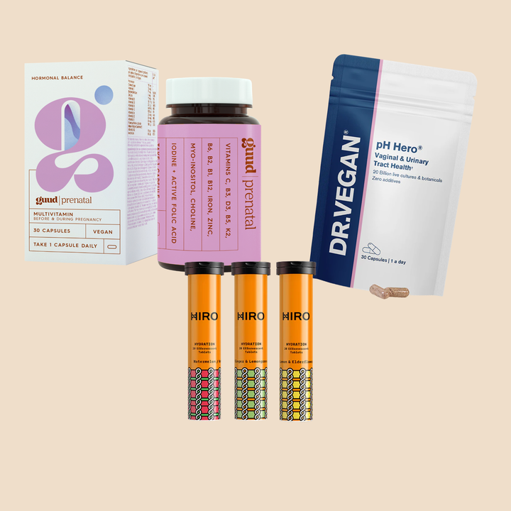 طقم Pregnancy Essentials من Banat Nareng: Prenatal من GUUD، وpH Hero من Dr. Vegan، وعبوة Hydration الثلاثية من HIRO