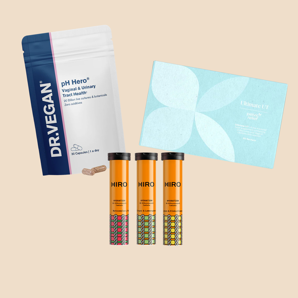 Urinary Tract Care Kit by Banat Nareng: Pelvic Relief Ultimate UT, Dr. Vegan pH Hero and HIRO Hydration Triple Pack