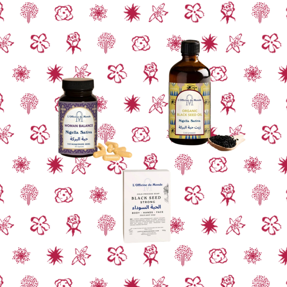 Black Seed Menopause Kit: Habbat al-Barakah capsules, oil and soap with Arabic labels