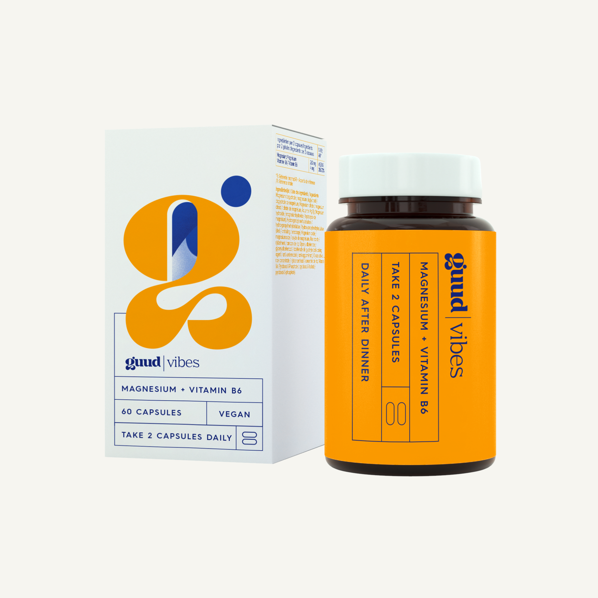 GUUD Vibes magnesium and vitamin B6 supplement jar and box