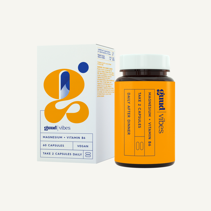 GUUD Vibes magnesium and vitamin B6 supplement jar and box