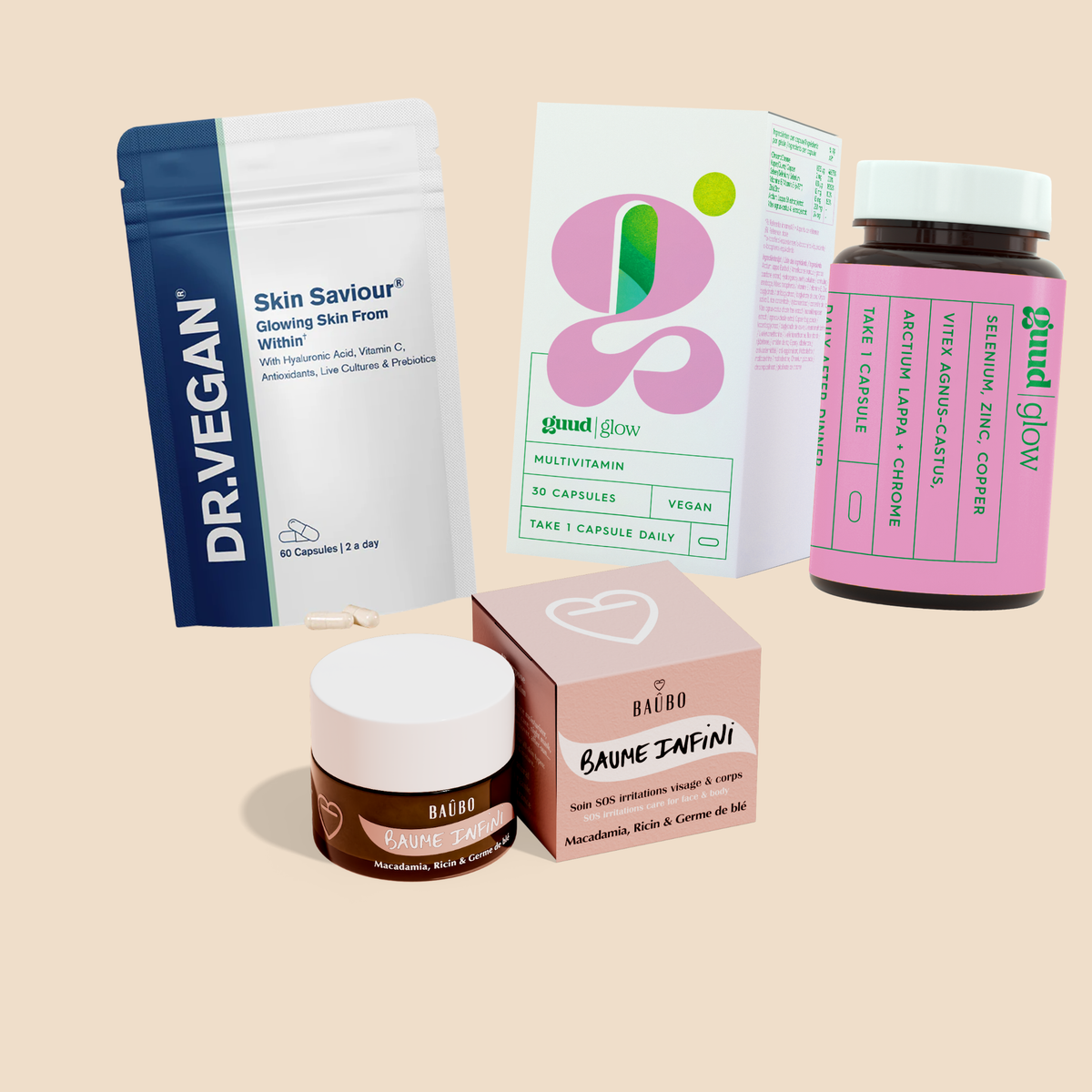 طقم Skin Glow من Banat Nareng: Skin Saviour من Dr. Vegan، وGlow من GUUD، والبلسم المغذّي من Baûbo