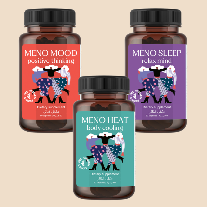 طقم انقطاع الطمث من Banat Nareng: Meno Heat وMeno Mood وMeno Sleep من The Women Circle بملصقات باللغتين الإنجليزية والعربية