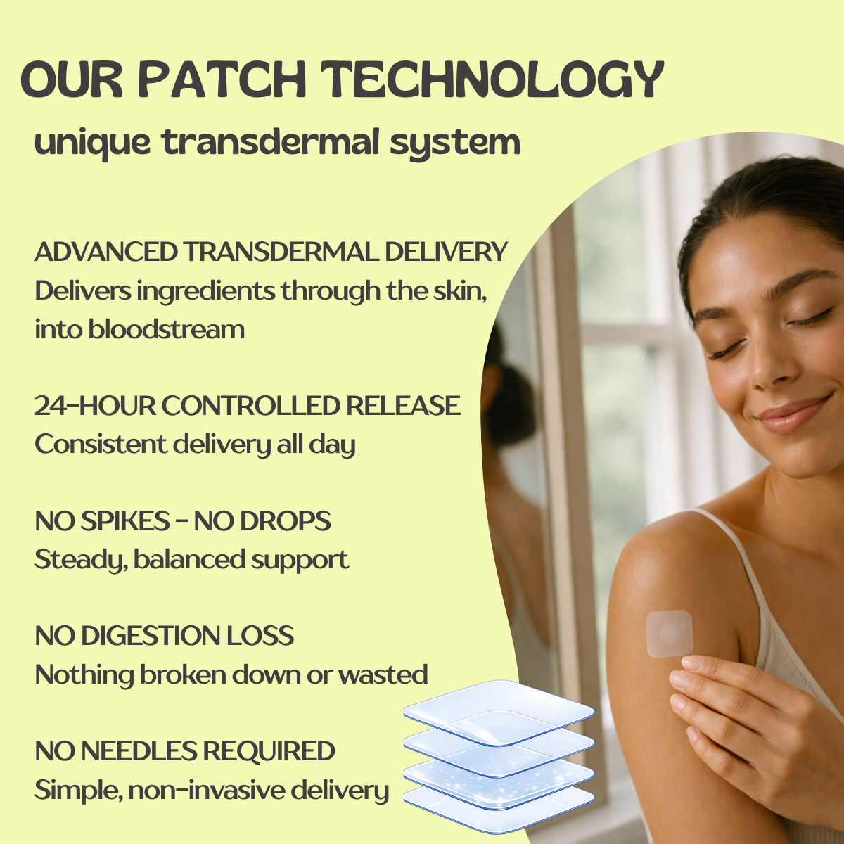 Hapi Patch Glow Up Patches: كيف تعمل اللصقة عبر الجلد، امرأة تضع لصقة على ذراعها