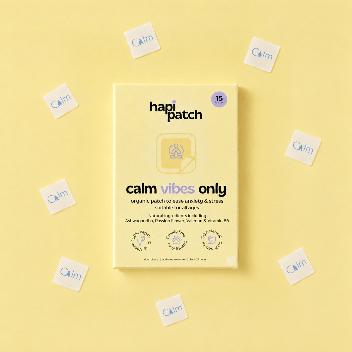 Hapi Patch Calm Vibes Only Patches pack surrounded by single patches on yellow