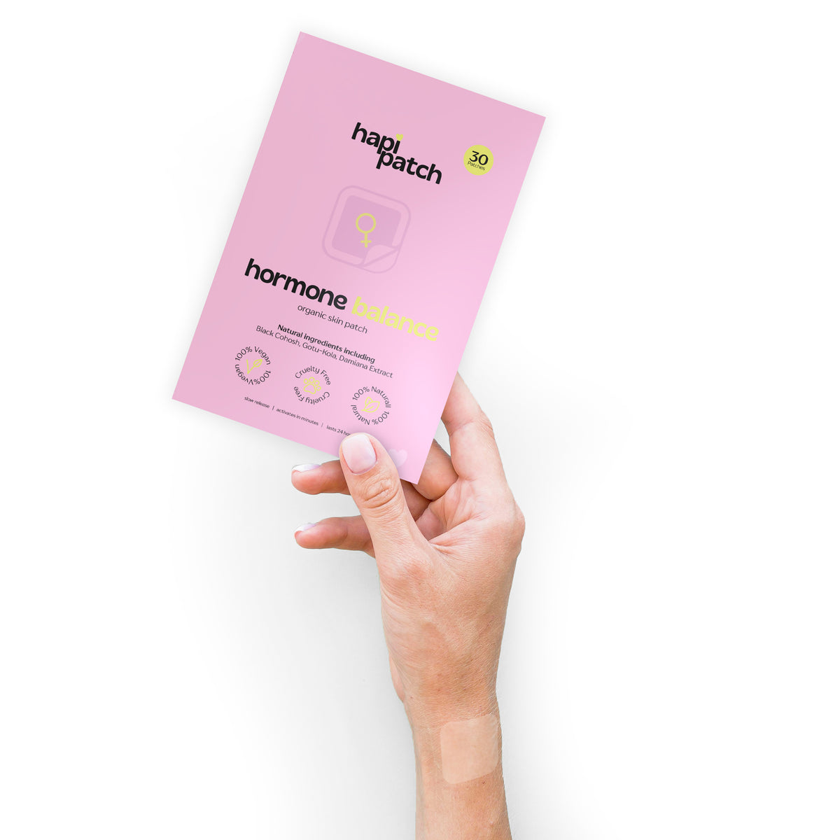 Hapi Patch Cycle & Mood Patches: hand holding the pink pack
