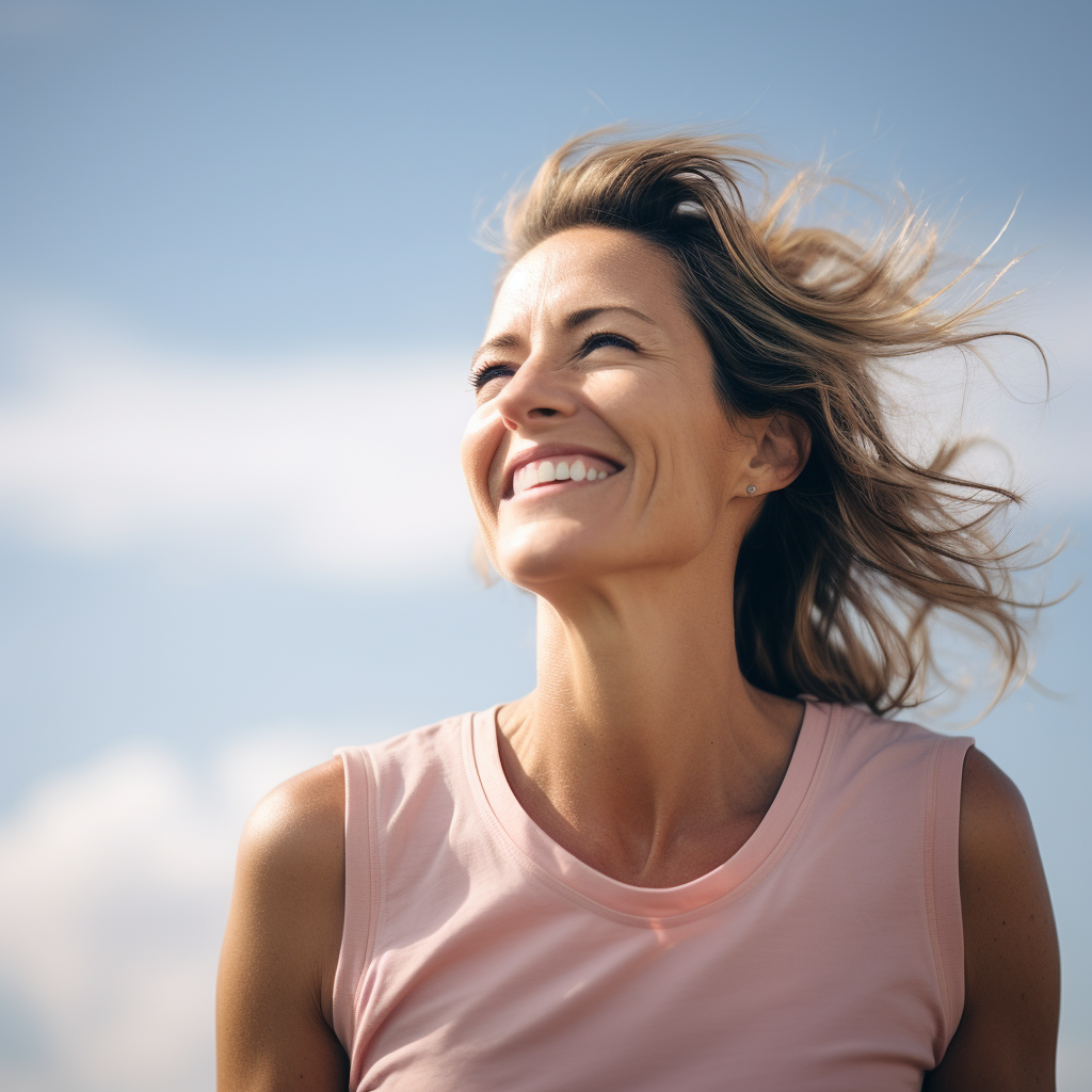 Smiling woman under an open sky