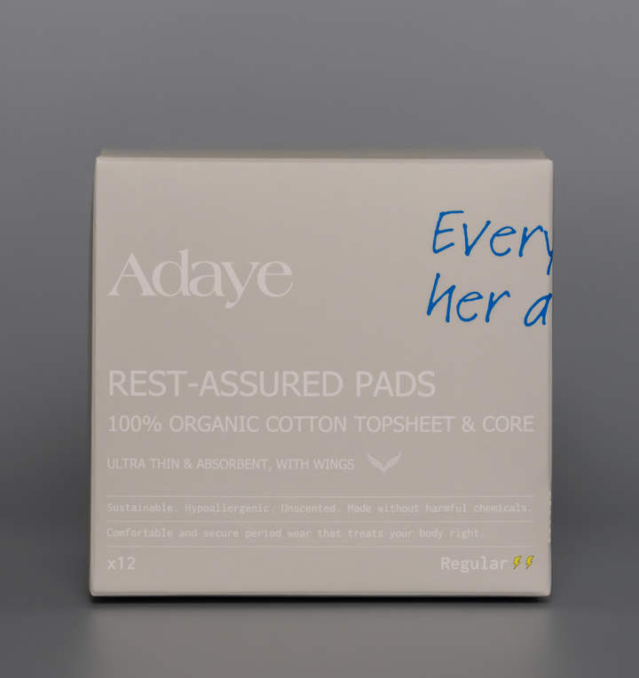Adaye Rest-Assured Pads box close up on a grey background