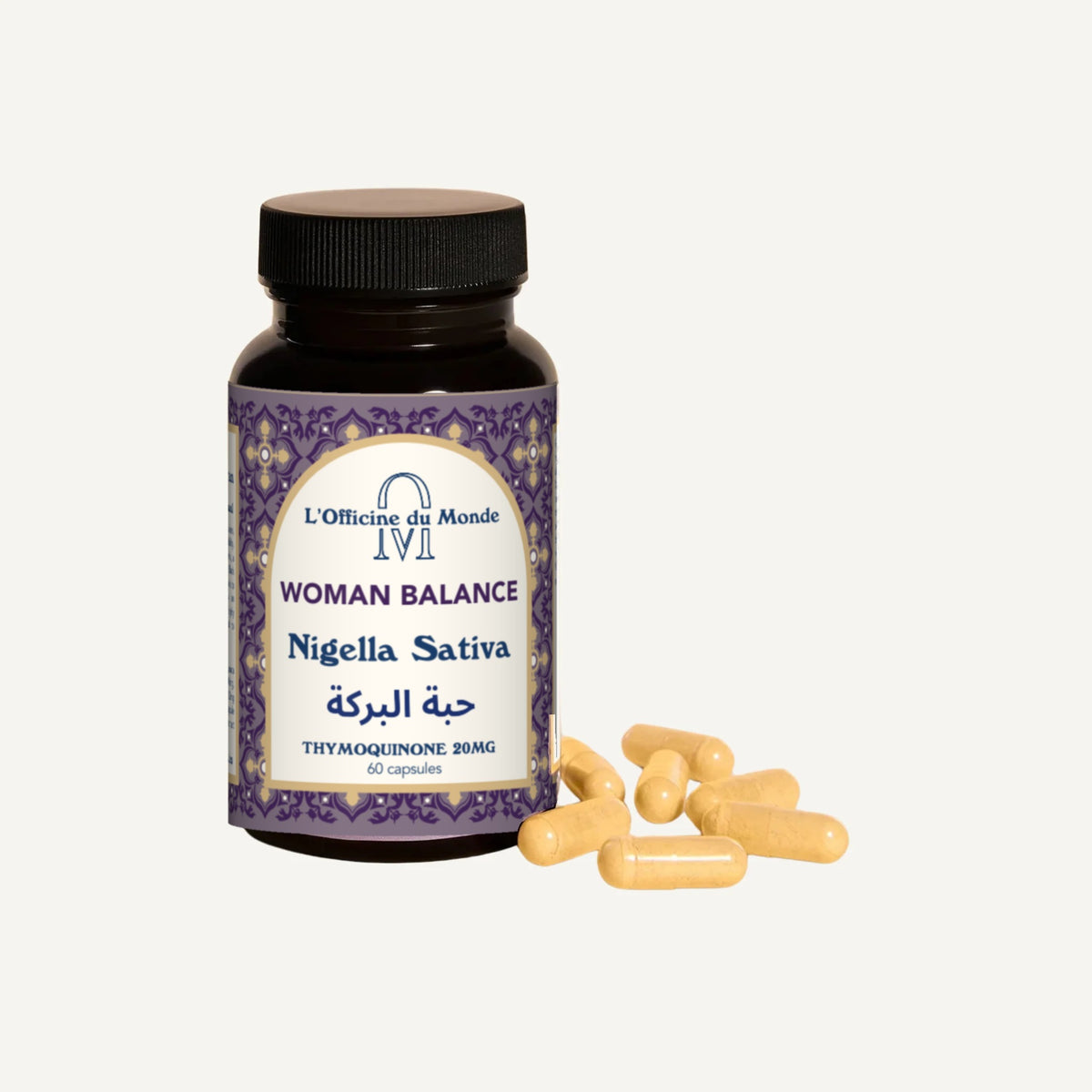 L'Officine du Monde Habbat al-Barakah Menopause Support black seed supplement jar with English and Arabic label