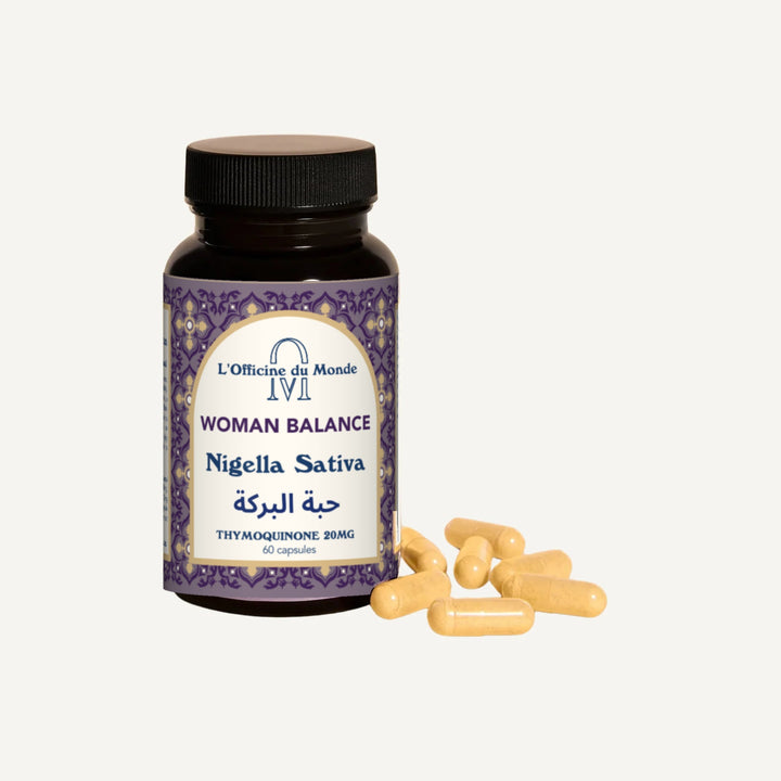 L'Officine du Monde Habbat al-Barakah Menopause Support black seed supplement jar with English and Arabic label