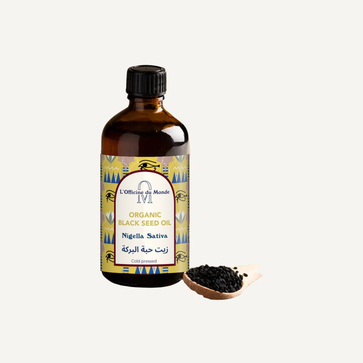 L'Officine du Monde organic Habbat al-Barakah black seed oil bottle with English and Arabic label