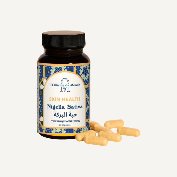 L'Officine du Monde Habbat al-Barakah Skin Support black seed supplement jar with English and Arabic label