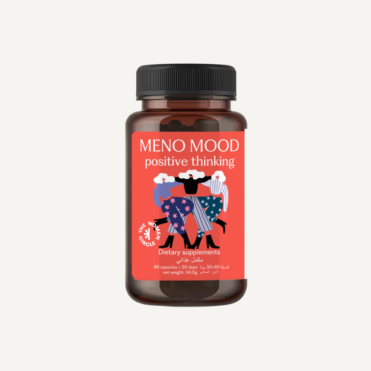 The Women Circle Meno Mood menopause mood support supplement jar with English and Arabic label
