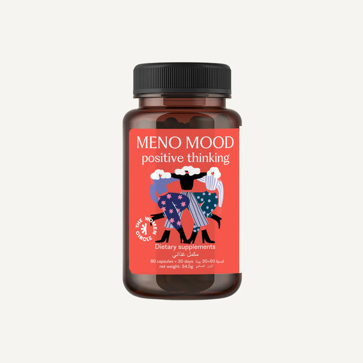 The Women Circle Meno Mood menopause mood support supplement jar with English and Arabic label