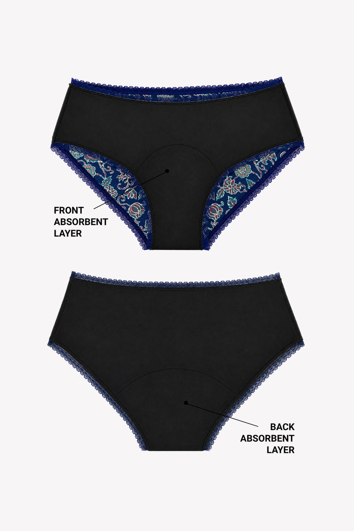 Réjeanne Callie Period Hiphugger front and back, showing the absorbent layer